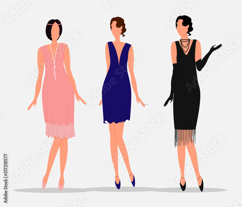 Silhouettes of girls of the 1920s. Three girls in full growth. Vector. Flat cartoon style.  Isolated on white background