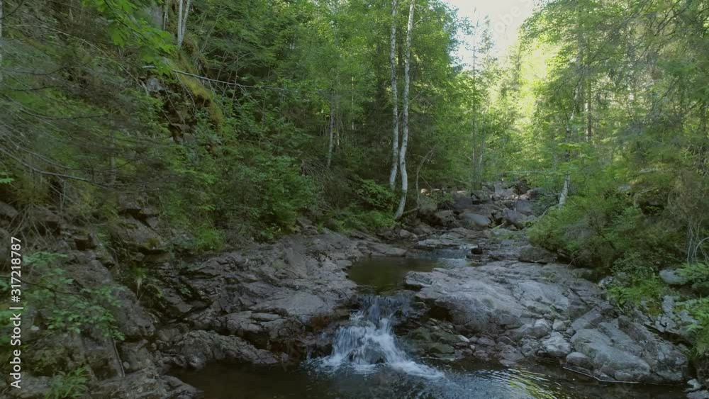 Flying low over a natural flowing mountain stream in deep lonley forest in skandinavia 4K Flying low over a natural flowing mountain stream in deep lonley forest in skandinavia 4K