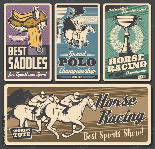 Horse racing, polo. Equestrian sport retro vector cards. Riding club, equestrian sport racehorse. Jockey rider in helmet and hippodrome, saddles and man on mustang, trophy cup with laurel branches