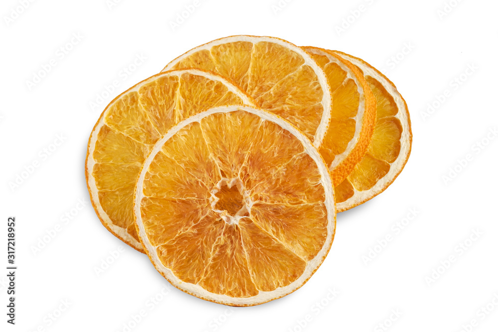 Stack of dried orange slices isolated on white