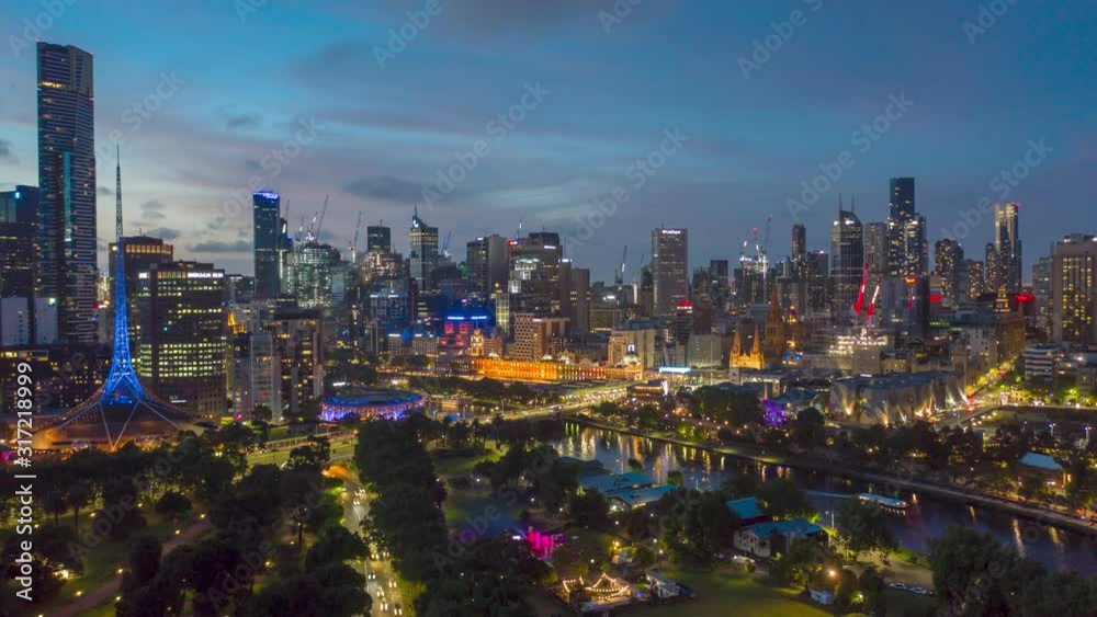 Aerial sunset hyperlapse of CBD at Flinders St in Melbourne, Australia
