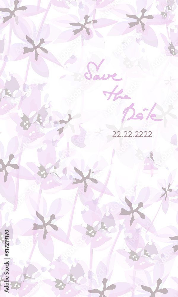 Invitation card with abstract small purple flowers and handwritten lettering Save the Date on white background. Softness lilac colored Vector web banner template..