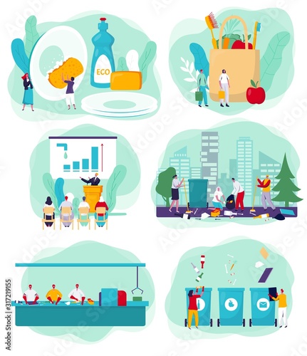 Environment polution cleaning activists and volunteers cartoon with eco products characters, vector illustration