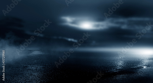 Night futuristic landscape  cold night  smog  trees in the fog. Reflection of the light.