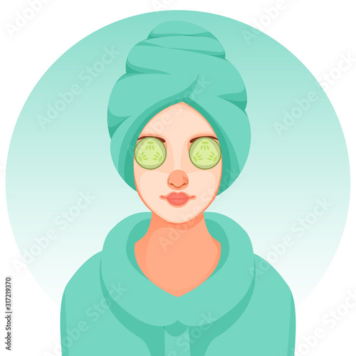 Young Girl Applying Facial Mask on Her Face with Cucumber Slices for Spa Treatment or Salon.
