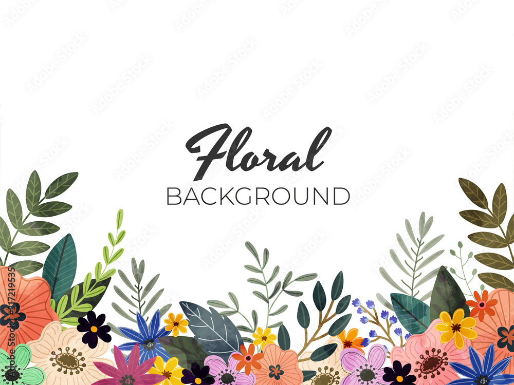 Colorful Flowers with Leaves Decorated on White Background.