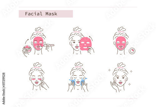 Beauty Girl Take Care of her Face and Applying Facial Sheet and Clay Mask. Woman Making Skincare Procedures. Skin Care Routine, Hygiene and Moisturizing. Flat Line Vector  Illustration and Icons set.
