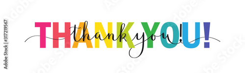Rainbow-colored mixed typography THANK YOU! banner with brush calligraphy