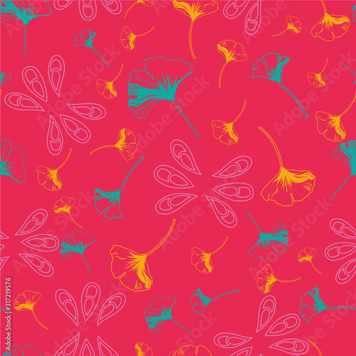 Vector seamless pattern ginko wax with yellow and turquoise ginkgo leaves and pink arabesques