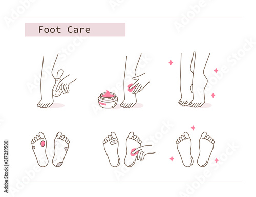 Beauty Girl Take Care of her Feet and Applying Peeling Cream. Woman Making Skincare Procedures against Foot Corn Calluses. Pedicure Spa Routine. Flat Line Vector  Illustration and Icons set.