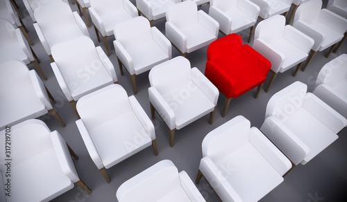 Concept or conceptual red armchair standing out in a conference room as a metaphor for leadership, vision and strategy. A 3d illustration of individuality, creativity and achievement