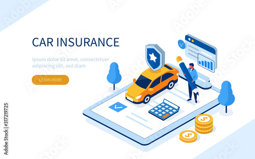 Man Character Signing Car Insurance Policy Form. Insurance Agent providing Security Document. Auto Care and Protection Concept. Flat Isometric Illustration.