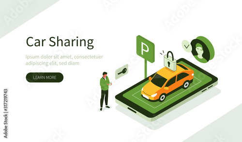 People Character Using Car Sharing Service for City Transportation. Man Picking up Carsharing Vehicle. Modern Auto Rental and Shared Mobility Concept. Flat Isometric Vector Illustration.