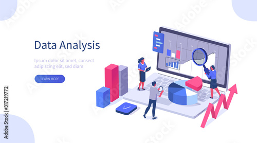 People Characters Working with Data Visualization at Laptop. Man and Woman Analyzing Tables,Charts and Graphs at Business Dashboard. Digital Data Analysis Concept. Flat Isometric Vector Illustration.
