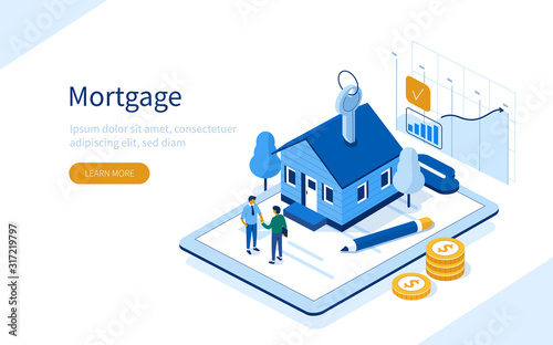 Character Buying Mortgage House and Shaking Hands with Real Estate Agent. People Invest Money in Real Estate Property. House Loan, Rent and Mortgage Concept. Flat Isometric Vector Illustration. photo