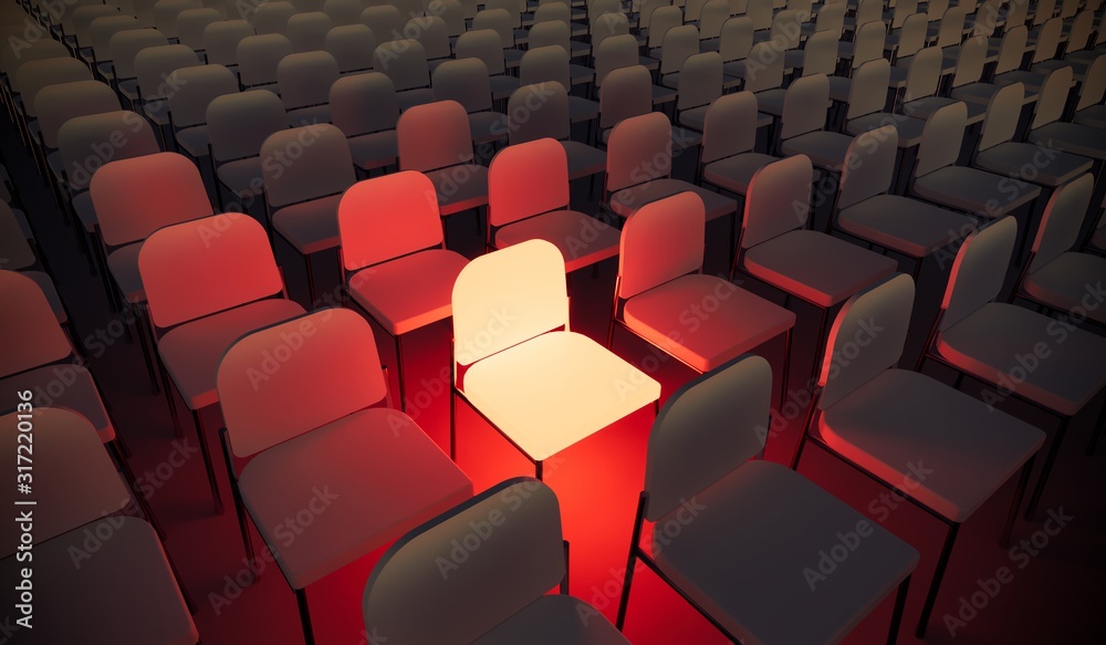 Concept or conceptual orange armchair standing out in a  conference room as a metaphor for leadership, vision and strategy. A 3d illustration of individuality, creativity and achievement - obrazy, fototapety, plakaty 