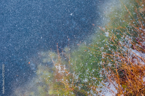 View from above looking at frozen bog lake coast line with colorful vegetation