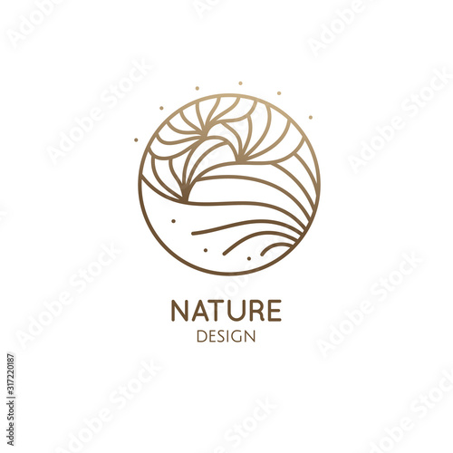 Abstract flower logo template. Round emblem plant in linear style. Vector minimal badge for design of natural products, flower shop, cosmetics.