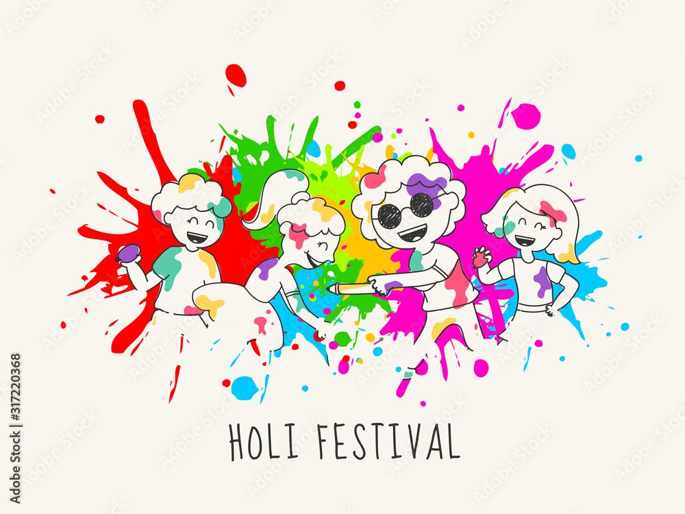 Φωτογραφία Doodle Style Illustration of Happy Kids Character Celebrating Holi Festival on Color Splash Effect Background