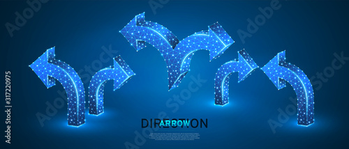 Crossroad, direction arrows set. Crossway choice, direction cursor, course marker concept on blue neon background. Road guide sign. Low poly, abstract, polygonal, wireframe 3d vector illustration