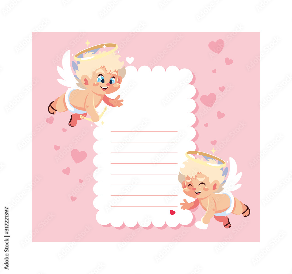 card valentines day with cupid angels , sheet to write card valentines day with cupid angels , sheet to write