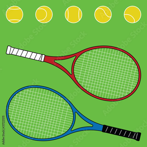 Tennis racquets and balls icons on green background