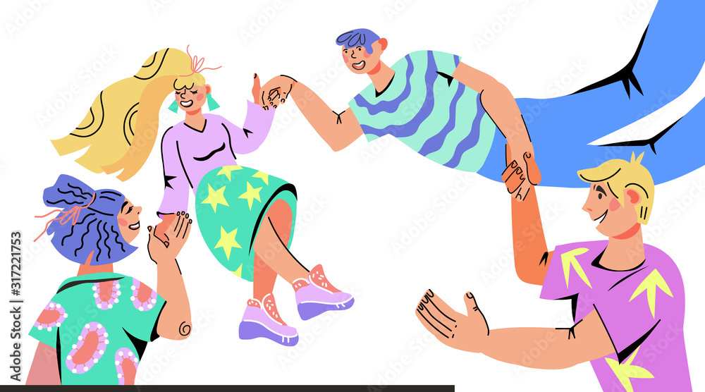 Diverse happy young people, friends or creative team smiling and joyful together, flat vector illustration isolated. Diverse happy young people, friends or creative team smiling and joyful together, flat vector illustration isolated.