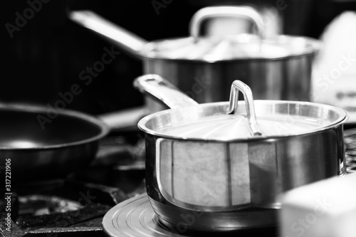 Steel pots, Stainless steel kitchenware Black & White, stove cooking, Utensils for cooking