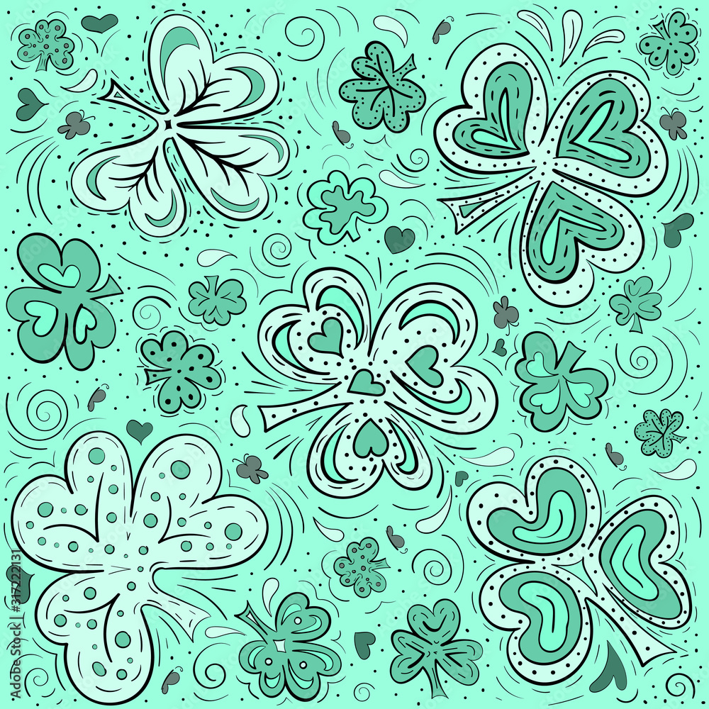 Abstract doodle background with clover, hearts and butterflies. Hand drawn vecotor illustration in trendy colors aqua menthe monochrome palette.