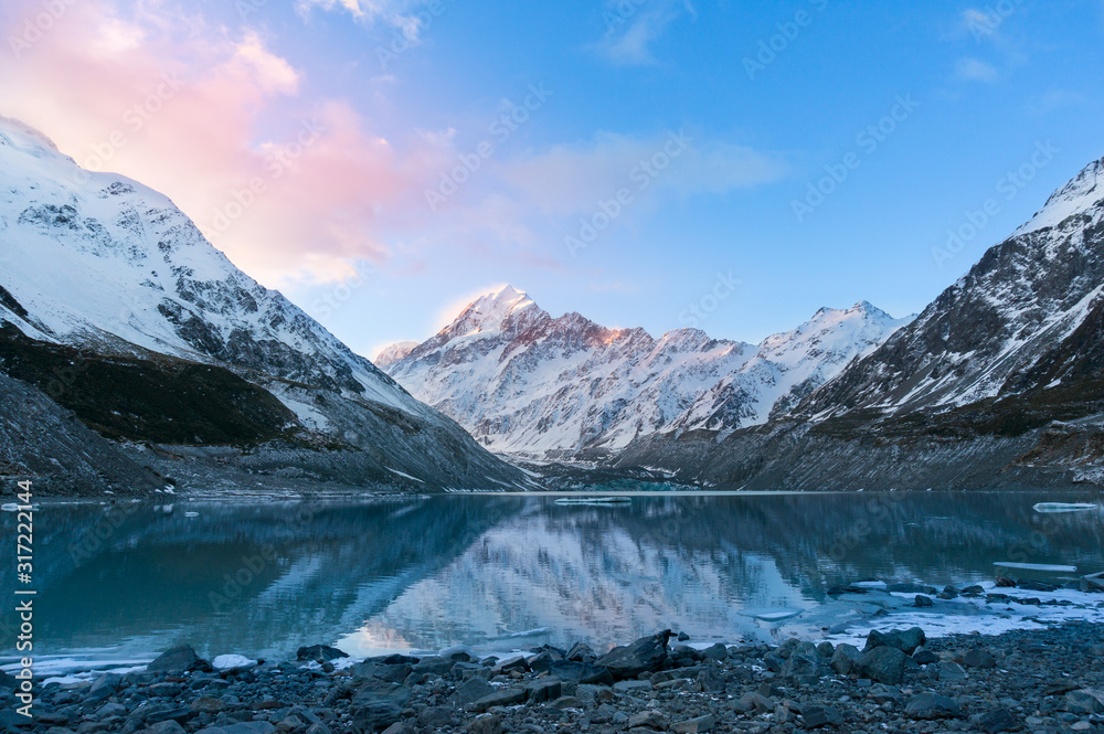 Winter mountain landscape with glacier lake at sunset