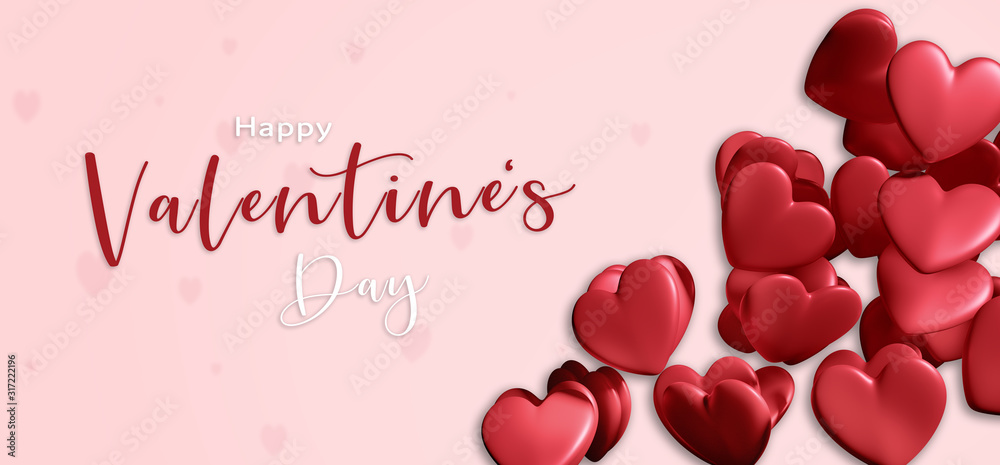 Valentines day. Abstract background banner. 3D render. Panorama background with red hearts. Love concept illustration. Happy Valentine's Day.