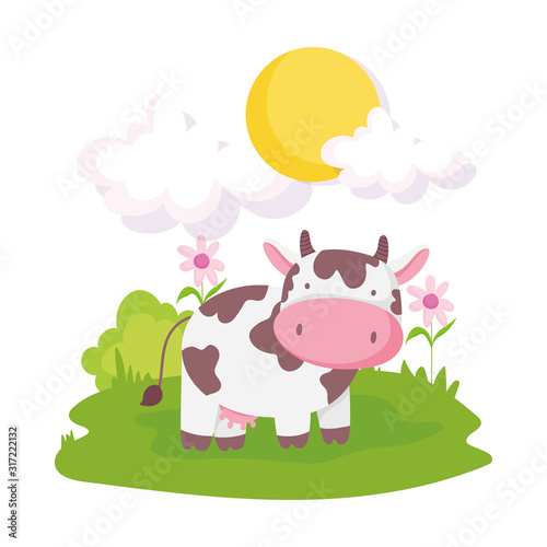 cute cow livestock flowers grass sun farm animal cartoon