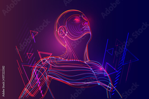 Artificial intelligence or robot with human face. Deep machine learning with neural network in abstract virtual world. Vector illustration