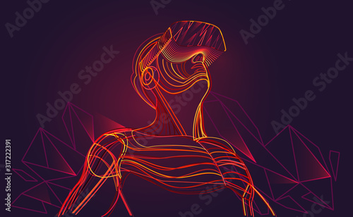 Excited man wearing virtual reality headset. Abstract polygonal vr world. Vector illustration