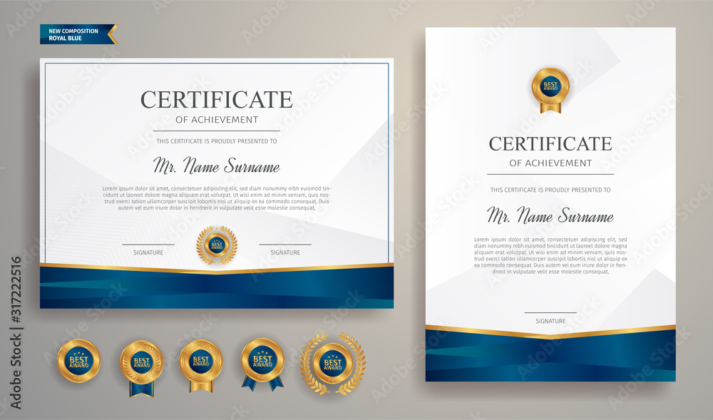 Gold and blue certificate of achievement template, clean modern design ...