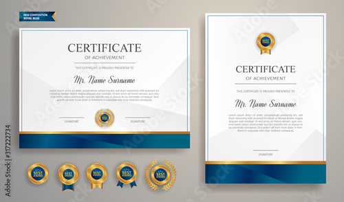 Premium gold and blue certificate of appreciation template, clean modern design with gold badge
