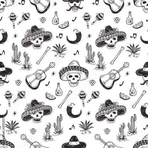 Mexico Vector Seamless Pattern. Dia de los Muertos Day of the Dead. Background with Mexican Holiday Symbols: Mexican Skulls, Food, Pan de Muerto, Sugar Skulls, Marigold Flowers, Guitar, Cactus