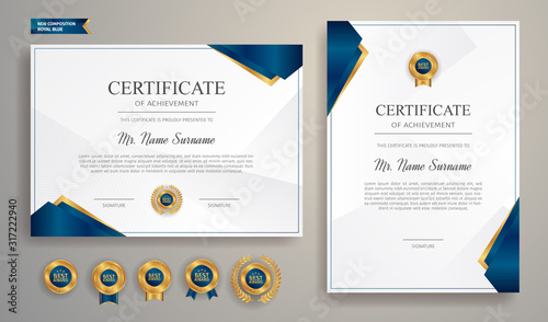 Premium gold and blue certificate of appreciation template, clean modern design with gold badge