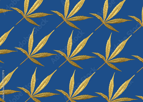 Golden yellow Cannabis leaf on classic blue background.