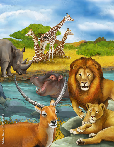 cartoon scene with antelope hippopotamus hippo in river and lion