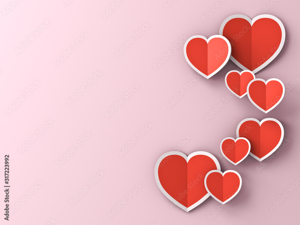 Red paper hearts on pink pastel color background with shadows for Happy valentine's day 3D rendering