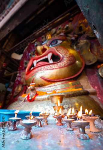 Mask of Majestic Swet Bhairav. The full mask is usually put on display during Indra Jatra Festival in Nepal. selective focus.