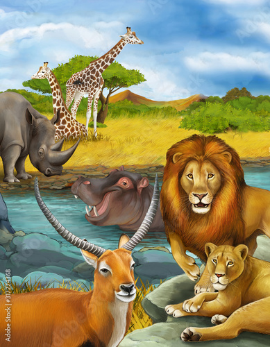 Fototapeta Naklejka Na Ścianę i Meble -  cartoon scene with antelope hippopotamus hippo in river and lion