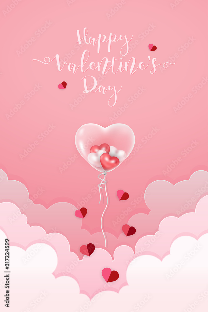 The word Happy Valentine s Day floats in the sky and pink clouds with a large clear balloon. Inside, there are small red and pink balloons.