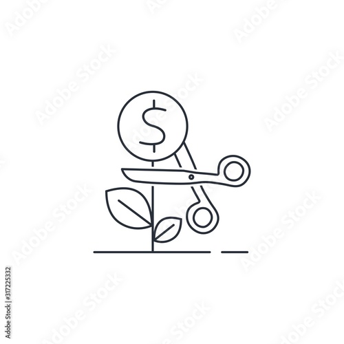 Scissors cut the financial fruit. Harvesting a financial crop. Vector icon, flat design, thin line, white background.