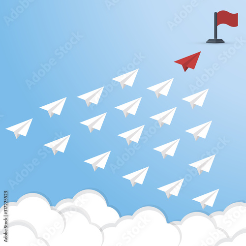 Red Paper Airplane Leading White Paper Airplanes. Leadership Concept With Paper Planes. 