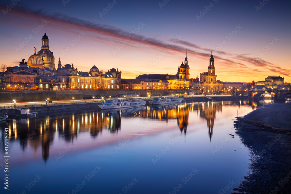 Dresden, Germany. Image of Dresden, Germany with the Dresden Frauenkirche and Dresden Cathedral during beautiful sunset.