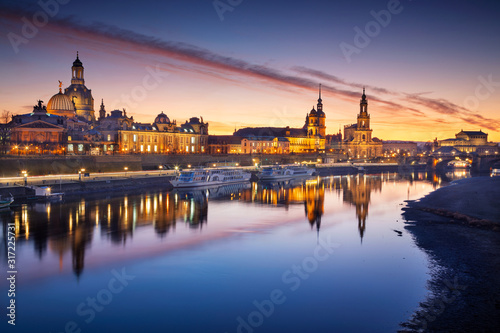 Dresden, Germany. Image of Dresden, Germany with the Dresden Frauenkirche and Dresden Cathedral during beautiful sunset.