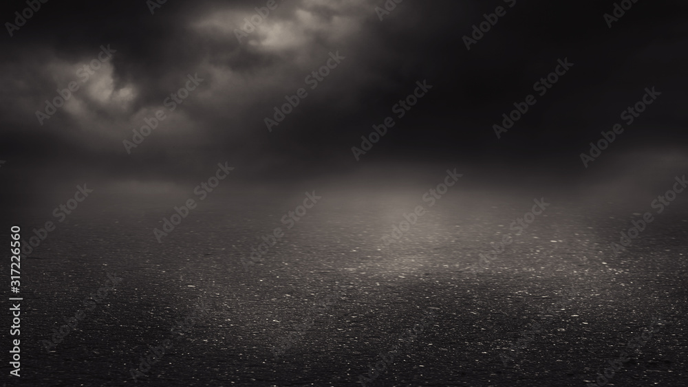 Dramatic black and white background. Cloudy night sky, moonlight, reflection on the pavement. Smoke and fog on a dark street at night. Dramatic black and white background. Cloudy night sky, moonlight, reflection on the pavement. Smoke and fog on a dark street at night.
