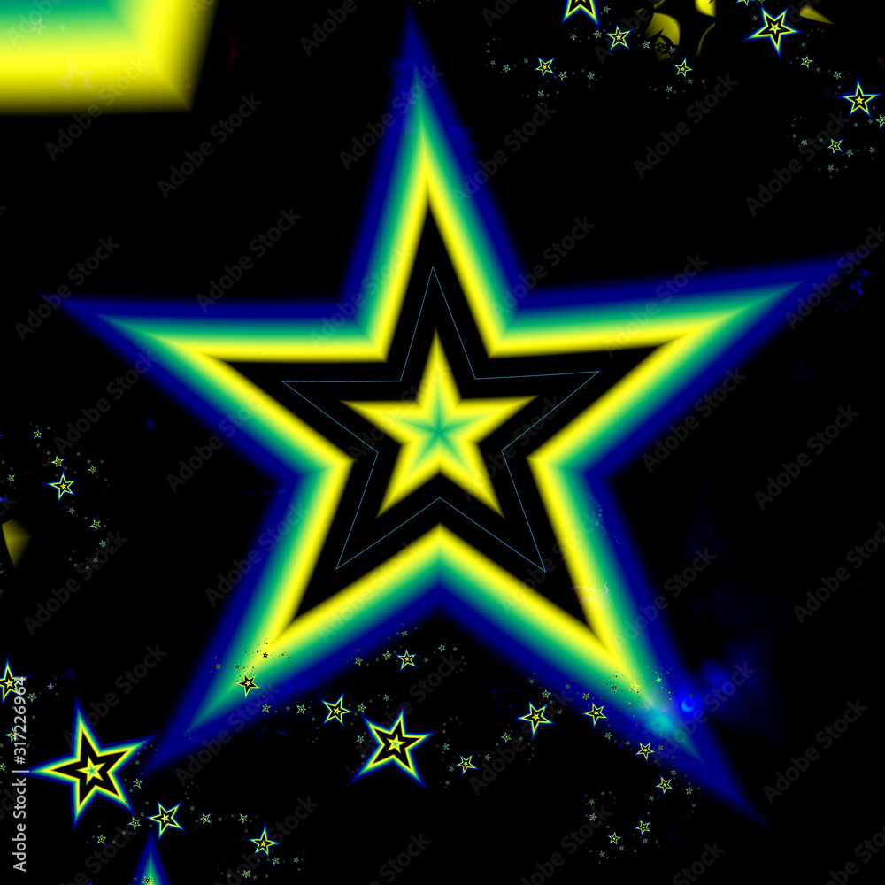Bright blue and yellow star fractal abstract design